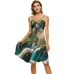 Waterfall Rocks Jungle Forest Sleeveless Tie Front Chiffon Dress