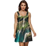 Waterfall Rocks Jungle Forest Ruffle Strap Babydoll Chiffon Dress