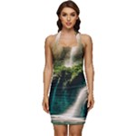Waterfall Rocks Jungle Forest Sleeveless Wide Square Neckline Ruched Bodycon Dress