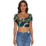 Waterfall Rocks Jungle Forest Short Sleeve Square Neckline Crop Top 