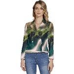 Waterfall Rocks Jungle Forest Women s Long Sleeve Revers Collar Cropped Jacket