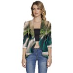 Waterfall Rocks Jungle Forest Women s 3/4 Sleeve Ruffle Edge Open Front Jacket