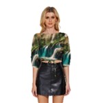 Waterfall Rocks Jungle Forest Mid Sleeve Drawstring Hem Top