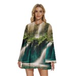 Waterfall Rocks Jungle Forest Round Neck Long Sleeve Bohemian Style Chiffon Mini Dress