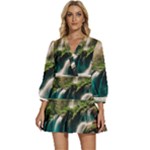 Waterfall Rocks Jungle Forest V-Neck Placket Mini Dress