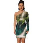 Waterfall Rocks Jungle Forest Long Sleeve One Shoulder Mini Dress