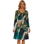 Waterfall Rocks Jungle Forest Long Sleeve Dress With Pocket