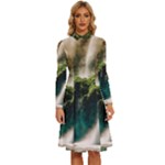 Waterfall Rocks Jungle Forest Long Sleeve Shirt Collar A-Line Dress