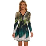 Waterfall Rocks Jungle Forest Long Sleeve Deep V Mini Dress 