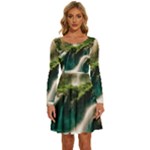 Waterfall Rocks Jungle Forest Long Sleeve Wide Neck Velvet Dress