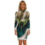 Waterfall Rocks Jungle Forest Long Sleeve Shirt Collar Bodycon Dress