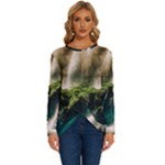 Waterfall Rocks Jungle Forest Long Sleeve Crew Neck Pullover Top