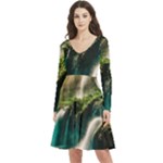 Waterfall Rocks Jungle Forest Long Sleeve V-neck skater dress with Pockets