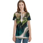 Waterfall Rocks Jungle Forest Women s Zip Front V-Neck Short Sleeve Casual Top Pocket Shirt