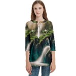 Waterfall Rocks Jungle Forest Women s Zip Front V-Neck 3/4 Sleeve Casual Top Pocket Shirt