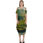 Mountains Trees Forest Cold Shoulder Loose Fit Dress With Pockets