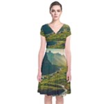 Mountains Trees Forest Short Sleeve Front Wrap Dress