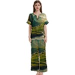 Mountains Trees Forest Short Sleeve Long Pants Satin Pajamas Set