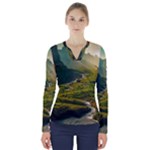 Mountains Trees Forest V-Neck Long Sleeve Top