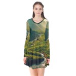Mountains Trees Forest Long Sleeve V-neck Flare Dress