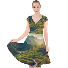Cap Sleeve Front Wrap Midi Dress 