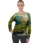 Mountains Trees Forest Off Shoulder Long Sleeve Velour Top