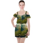Mountains Trees Forest Ruffle Cut Out Chiffon Playsuit