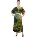 Mountains Trees Forest V-Neck Boho Style Maxi Dress