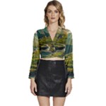 Mountains Trees Forest Long Sleeve Tie Back Satin Wrap Top