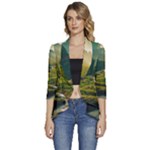 Mountains Trees Forest Women s 3/4 Sleeve Ruffle Edge Open Front Jacket