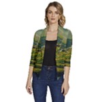 Mountains Trees Forest Women s Draped Front 3/4 Sleeve Shawl Collar Jacket