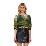 Mountains Trees Forest Mid Sleeve Drawstring Hem Top