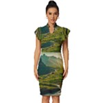 Mountains Trees Forest Vintage Frill Sleeve V-Neck Bodycon Dress