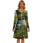 Mountains Trees Forest Long Sleeve Dress With Pocket