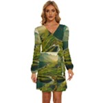 Mountains Trees Forest Long Sleeve Waist Tie Ruffle Velvet Dress