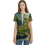 Mountains Trees Forest Women s Zip Front V-Neck Short Sleeve Casual Top Pocket Shirt