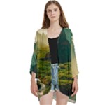 Mountains Trees Forest Open Front 3/4 Sleeve Batwing Chiffon Cardigan Kimono