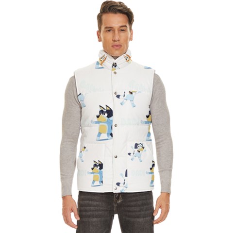 Bluey, Bluey merch, Bluey pattern, Bluey Bluey, bingo, Bluey design, bluey dog Men s High Neck Button Up Puffer Vest from ArtsNow.com