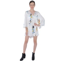 V-Neck Flare Sleeve Mini Dress 