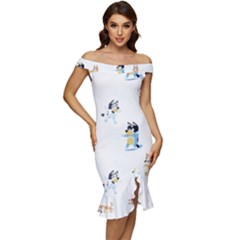 Off Shoulder Ruffle Split Hem Bodycon Dress 