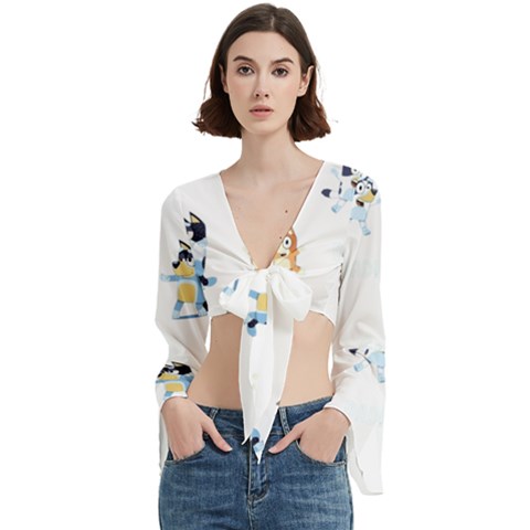 Bluey, Bluey merch, Bluey pattern, Bluey Bluey, bingo, Bluey design, bluey dog Trumpet Sleeve Cropped Top from ArtsNow.com