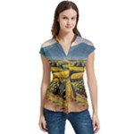 Sunflowers Flowers Nature Women s Cap Sleeve Mandarin Collar Waist Tie Blouse
