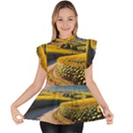 Sunflowers Flowers Nature Ruffle Collar Short Sleeve Chiffon Top
