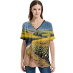 Sunflowers Flowers Nature V-Neck Split Shoulder Casual T-Shirt