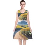 Sunflowers Flowers Nature V-Neck Midi Sleeveless Dress 