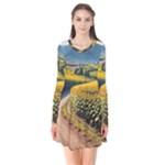 Sunflowers Flowers Nature Long Sleeve V-neck Flare Dress