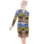 Sunflowers Flowers Nature Button Long Sleeve Dress