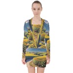 Sunflowers Flowers Nature V-neck Bodycon Long Sleeve Dress
