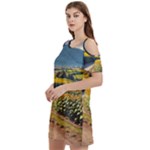 Sunflowers Flowers Nature Women s Cold Shoulder Round Neck Mini Dress