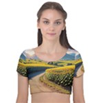 Sunflowers Flowers Nature Velvet Short Sleeve Crop Top 